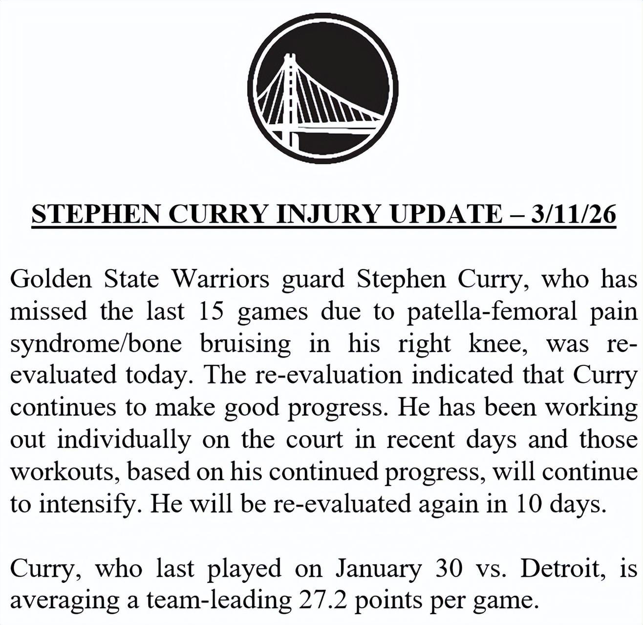 九游体育官网登录-勇士官宣库里至少再歇10天！继续缺阵5场 本人渴望复出冲季后赛